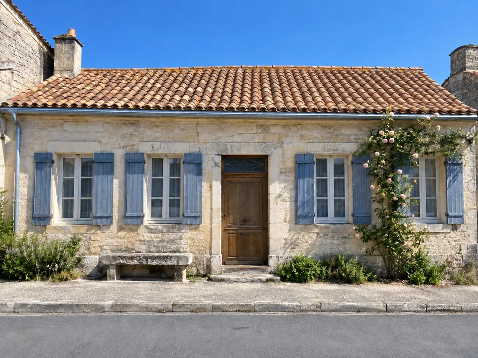 La même maison de bourg après nettoyage de la couverture en tuile canal et pose d’une gouttière zinc neuve