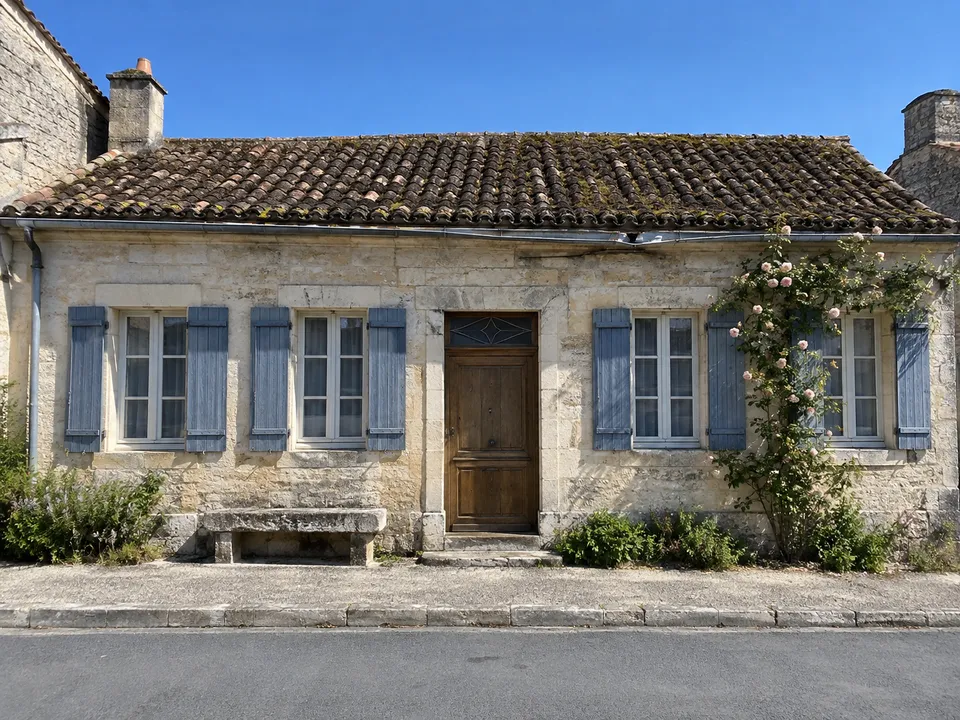 Maison de bourg en pierre claire dont la toiture en tuile canal est noircie par la mousse, gouttière zinc percée