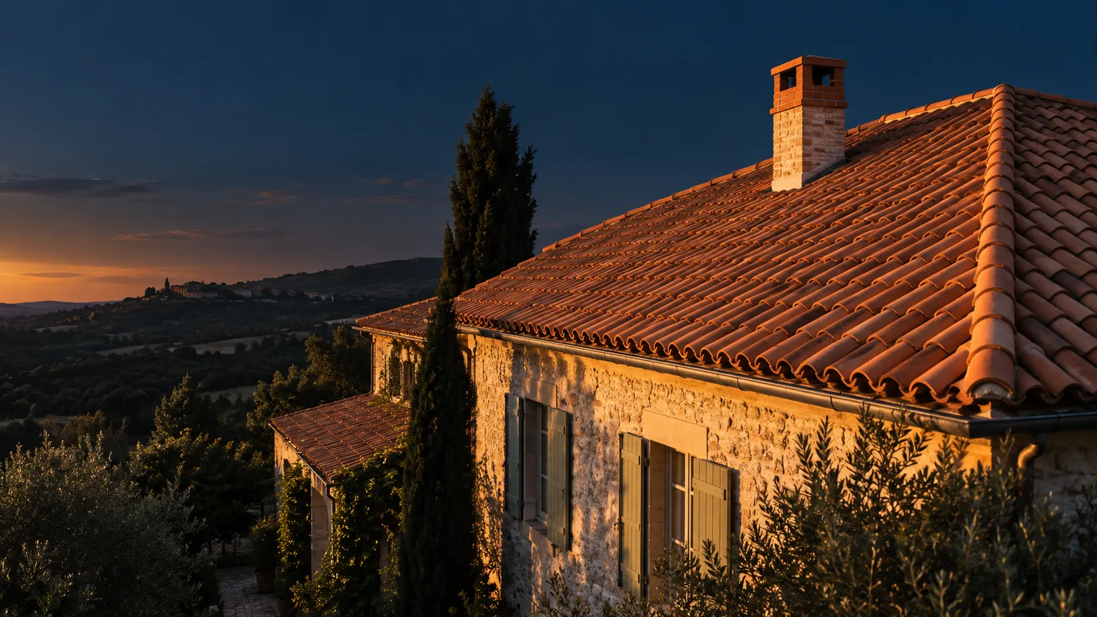Maison de caractère du Sud-Ouest coiffée d’une toiture en tuile canal, à la lumière dorée de fin de journée